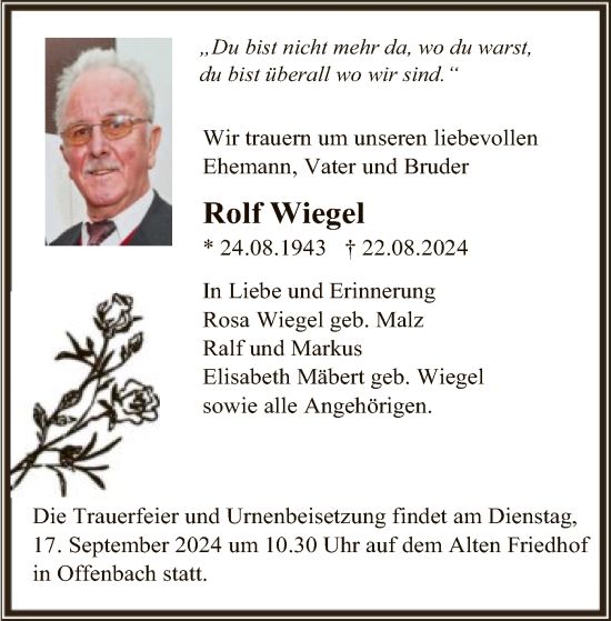 Todesanzeige von Rolf Wiegel von OF