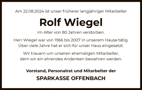 Todesanzeige von Rolf Wiegel von OF