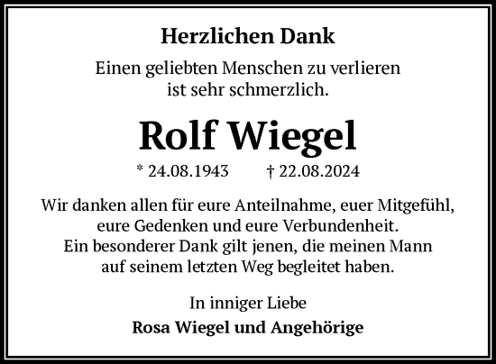 Todesanzeige von Rolf Wiegel von OF