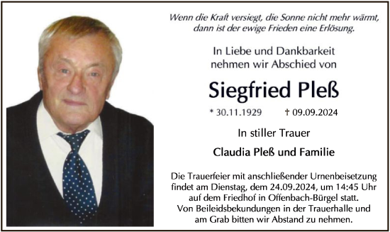 Todesanzeige von Siegfried Pleß von OF