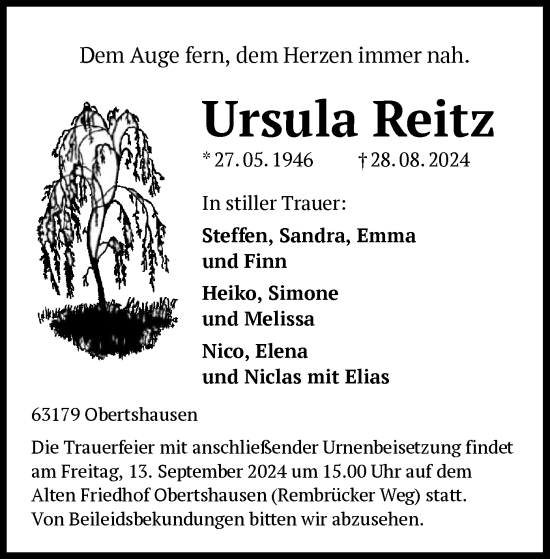 Todesanzeige von Ursula Reitz von OF