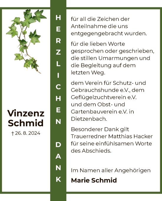 Todesanzeige von Vinzenz Schmid von OF