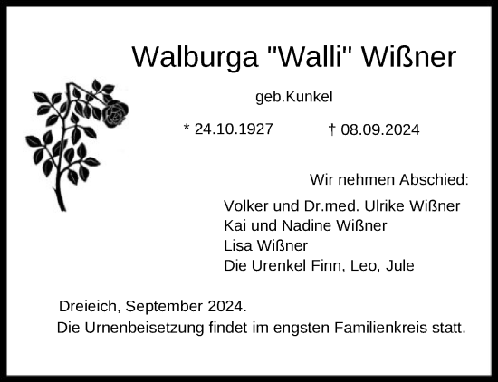 Todesanzeige von Walburga Wißner von OF