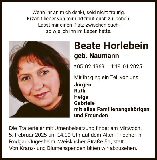 Todesanzeige von Beate Horlebein von OF