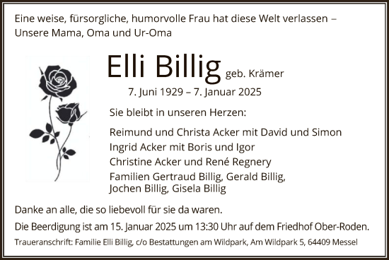 Todesanzeige von Elli Billig von OF