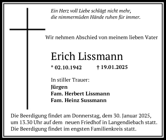 Todesanzeige von Erich Lissmann von OF