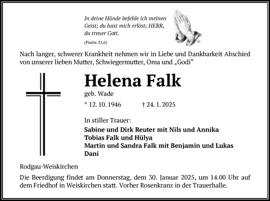 Todesanzeige von Helena Falk von OF