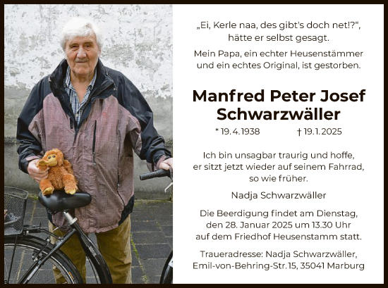 Todesanzeige von Manfred Peter Josef Schwarzwäller von OF