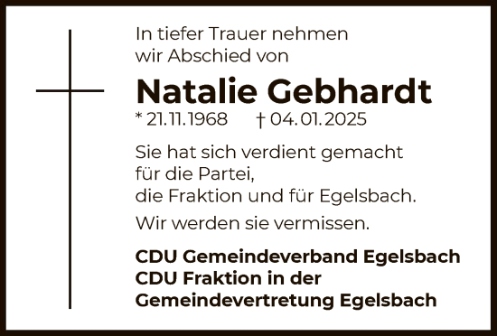 Todesanzeige von Natalie Gebhardt von OF