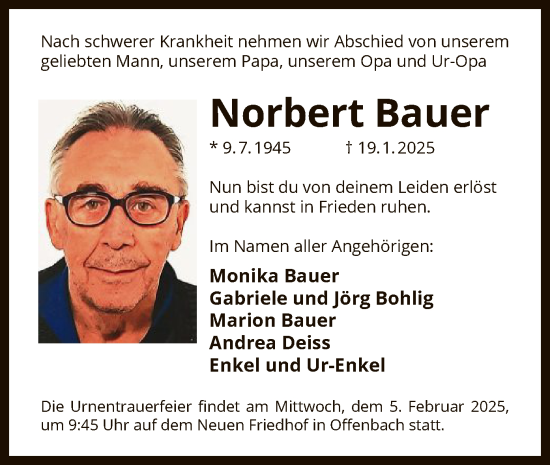 Todesanzeige von Norbert Bauer von OF