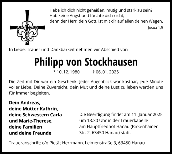 Todesanzeige von Philipp von Stockhausen von OF