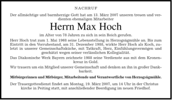 Todesanzeige von Max Hoch von MERKUR & TZ