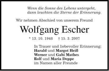 Todesanzeige von Wolfgang Escher von MERKUR & TZ