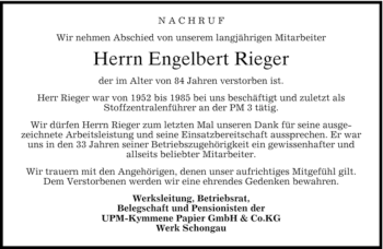 Todesanzeige von Engelbert Rieger von MERKUR & TZ