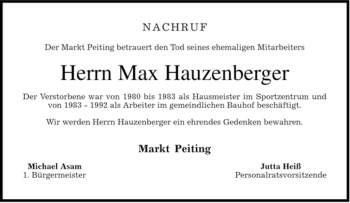 Todesanzeige von Max Hauzenberger von MERKUR & TZ