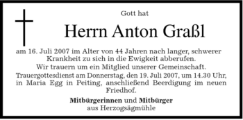 Todesanzeige von Anton Graßl von MERKUR & TZ