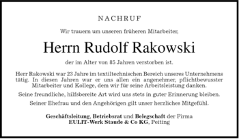 Todesanzeige von Rudolf Rakowski von MERKUR & TZ