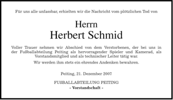 Todesanzeige von Herbert Schmid von MERKUR & TZ