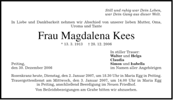 Todesanzeige von Magdalena Kees von MERKUR & TZ