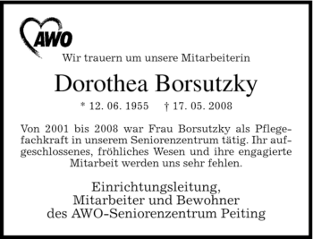 Todesanzeige von Dorothea Borsutzky von MERKUR & TZ