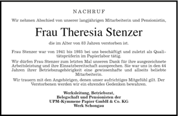 Todesanzeige von Theresia Stenzer von MERKUR & TZ