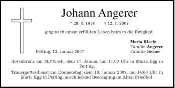 Todesanzeige von Johann Angerer von MERKUR & TZ