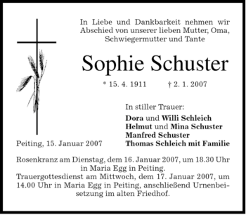 Todesanzeige von Sophie Schuster von MERKUR & TZ