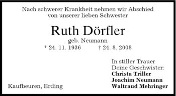 Todesanzeige von Ruth Dörfler von MERKUR & TZ