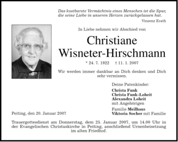 Todesanzeige von Christiane Wisneter-Hirschmann von MERKUR & TZ