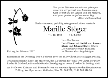 Todesanzeige von Marille Stöger von MERKUR & TZ