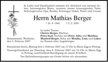 Todesanzeige von Berger Matthias von MERKUR & TZ