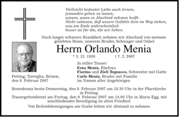 Todesanzeige von Orlando Menia von MERKUR & TZ