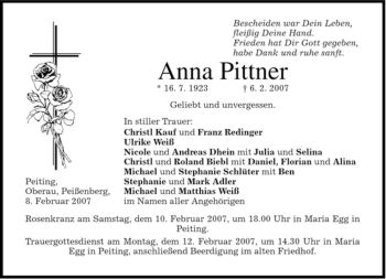 Todesanzeige von Anna Pittner von MERKUR & TZ