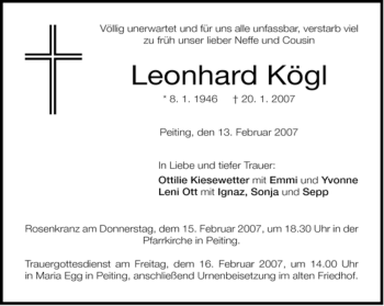 Todesanzeige von Leonhard Kögl von MERKUR & TZ