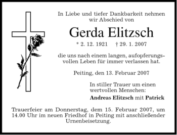 Todesanzeige von Gerda Elitzsch von MERKUR & TZ