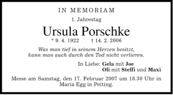 Todesanzeige von Ursula Porschke von MERKUR & TZ