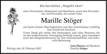 Todesanzeige von Marille Stöger von MERKUR & TZ