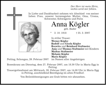 Todesanzeige von Anna Kögler von MERKUR & TZ