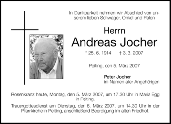 Todesanzeige von Andreas Jocher von MERKUR & TZ