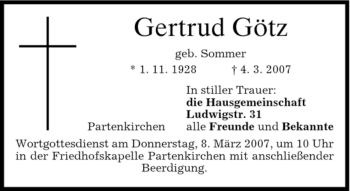 Todesanzeige von Gertrud Götz von MERKUR & TZ