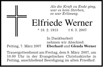 Todesanzeige von Elfriede Werner von MERKUR & TZ