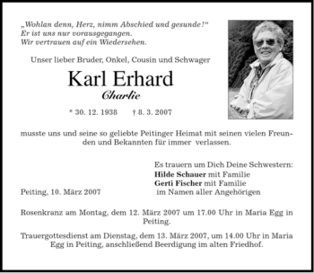 Todesanzeige von Karl Erhard von MERKUR & TZ