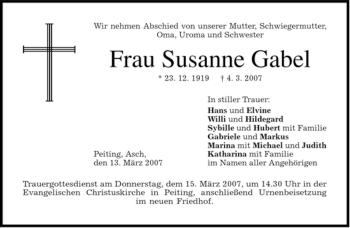 Todesanzeige von Susanne Gabel von MERKUR & TZ