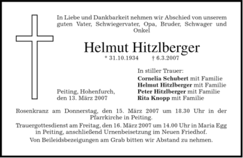 Todesanzeige von Helmut Hitzlberger von MERKUR & TZ