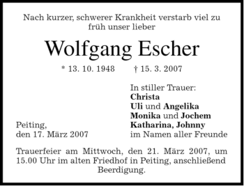 Todesanzeige von Wolfgang Escher von MERKUR & TZ