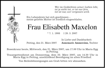 Todesanzeige von Elisabeth Maxelon von MERKUR & TZ