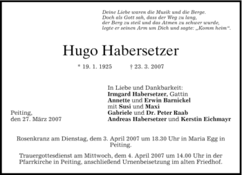 Todesanzeige von Habersetzer Hugo von MERKUR & TZ