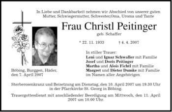 Todesanzeige von Christl Peitinger von MERKUR & TZ