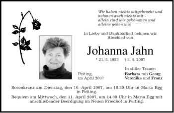 Todesanzeige von Johanna Jahn von MERKUR & TZ