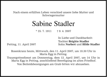 Todesanzeige von Sabine Stadler von MERKUR & TZ